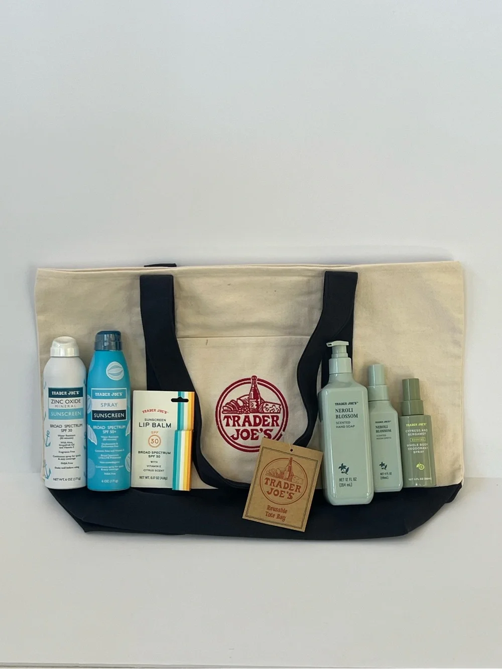 Trader Joe’s Summer Spa Bundle Navy Canvas Tote Sunscreen SPF Soap Neroli Spritz
